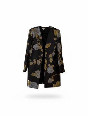 Black Floral Metallic Longline Blazer Jacket - Gold & Silver Accents